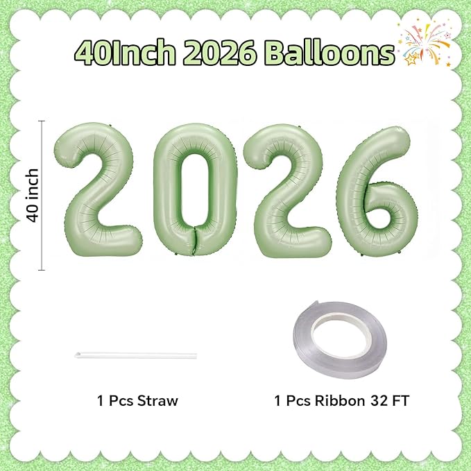 KALOR 42 Inch 2026 Olive Green Foil Mylar Number Balloons, 2026 New Years Decorations for 2026 Happy New Year Eve and Graduations Party Supplies