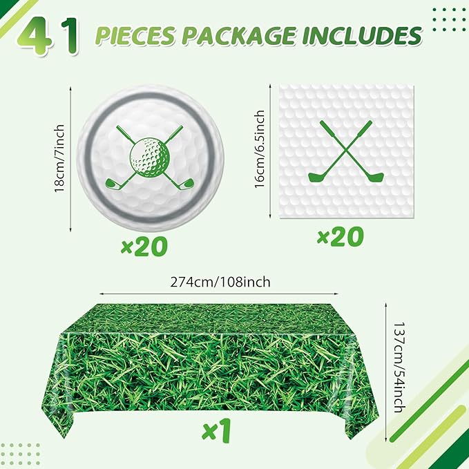 Golf Party Plates Napkins Tablecloth- 41PCS Golf Party Supplies Golf Party Tableware Set Golf Theme Paper Plates Napkins and Tablecover Disposable Golf Plates Golf Birthday Party Decorations Supplies