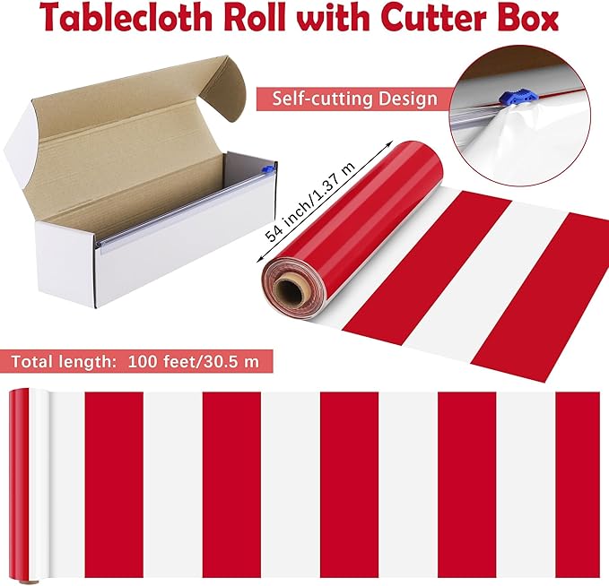 Kochorie 100 Ft x 54 Inch Red & White Striped Tablecloth Roll with Cutter Box Disposable Carnival Circus Tablecloth Cut to Size Table Cover Backdrop for Carnival Party Table Stage Supplies