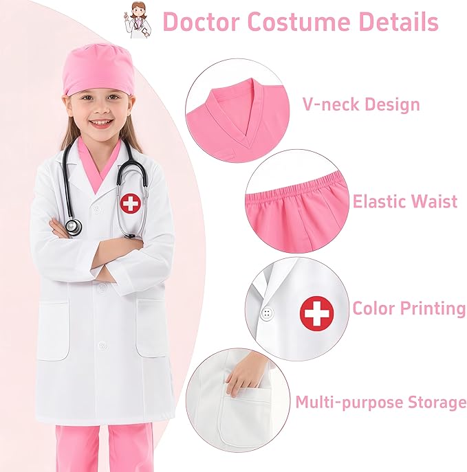Doctor Costume for Kids 9PC Boys Girls Doctor Role Play Outfit with Bag Kids Scrubs Dress Up for Pretend Play