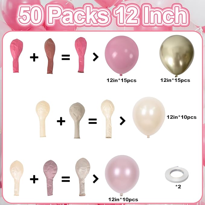 Double Stuffed Dusty Pink Balloons, 50pcs Double Stuffed Pearl Pink Beige Balloon Metallic Gold Balloons for Women Girls Boho Birthday Bridal Baby Shower Wedding Party