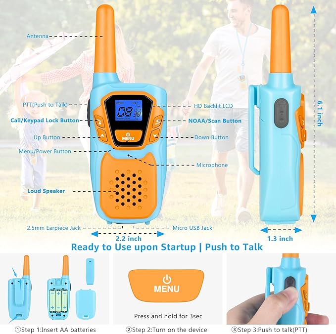Walkie Talkies for Kids Long Range Walkie-Talkie for Adults Rechargeable 2 Way Radios 2 Pack with Lanyard NOAA USB VOX, Family Toys for 3-12 Year Old Boys Girls Toddlers Camping Hiking