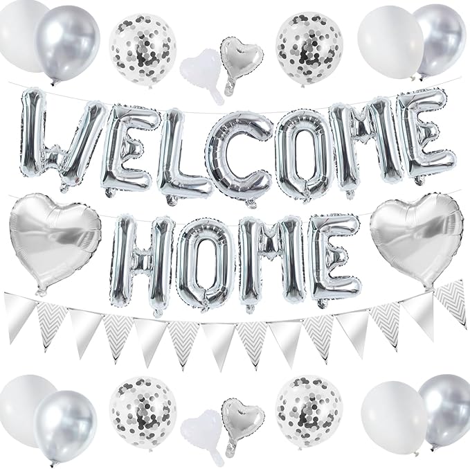 TONIFUL Welcome Home Decorations,16 Inch Silver Welcome Home Foil Balloon Banner Silver Confetti Balloons Pennant Flag Bunting for Homecoming Party House Warming Party Family Gathering Supplies