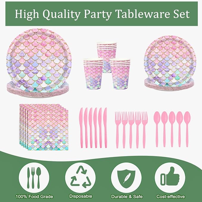 168 Pcs Mermaid Birthday Party Decorations Plates Set for 24 Guests, Little Mermaid Party Supplies Ocean under the Sea Party Plate Napkins Knives Forks Spoons Cups for Princess Girls