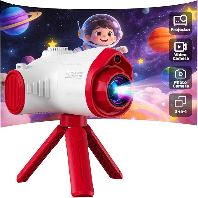 3 in 1 Kids Camera with Projector, 1080P Digital Video Camcorder, 48MP Photo Camera, Portable Toddler Camera Christmas Birthday Travel Gift Toy for Boys Girls Age 3 4 5 6 7 8 9 10 11 12, White