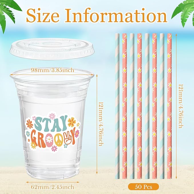 Yungyan 50 Sets Groovy Theme Party Plastic Cups with Lids and Straws 16 oz Coffee Juice Drinking Cups for Birthday Baby Shower Party Supplies