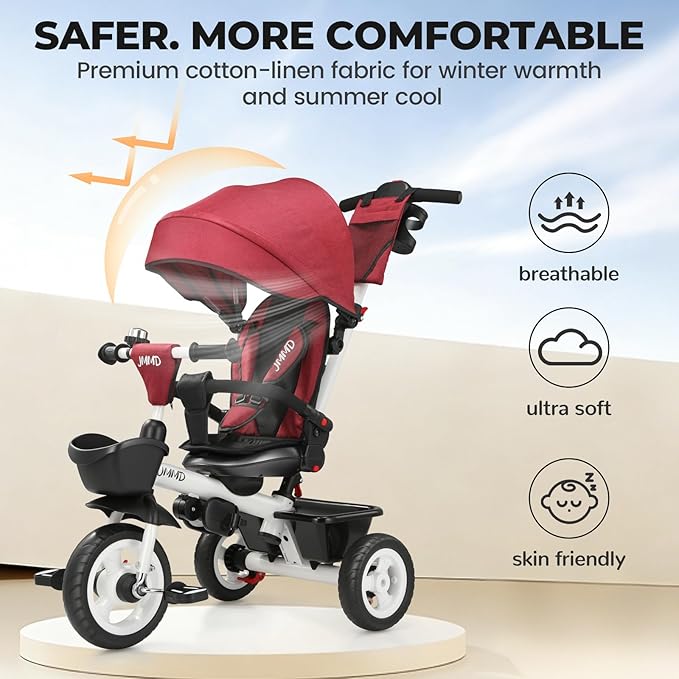 JMMD 7 in 1 Tricycle Stroller with Push Handle, Baby Trike with 360° Swivel Seat, Reclining Backrest, All-Terrain Wheels, Dual Brakes, Canopy & Storage, Gift for Kids 18 Months to 5 Years, Red