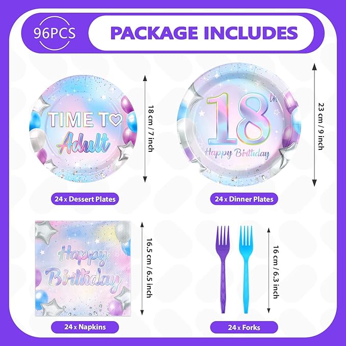 Grencian 96Pcs 18th Birthday Decorations Iridescent 18th Birthday Party Plates Disposable Happy 18 Bir-thday Paper Tableware Set for Teen Girls 18 Years Old Party Supplies Serves 24