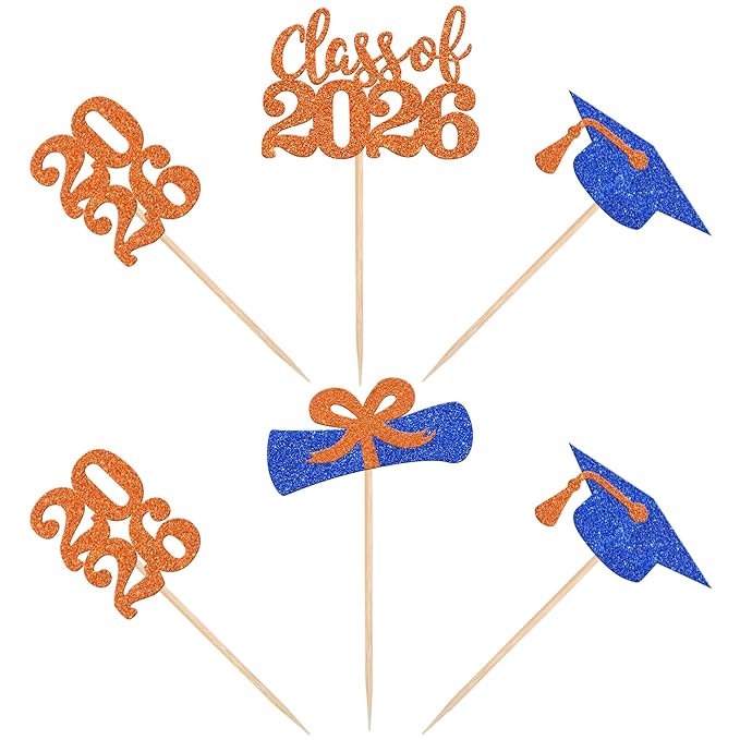 36 PCS Glitter 2026 Graduation Theme Cupcake Toppers Diploma Class of 2026 Graduation Cap Cupcake Picks for Class of 2026 Graduate Theme Party Cake Decorations Supplies Blue Orange