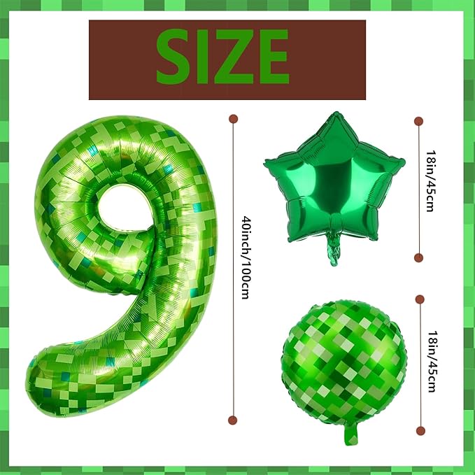 40 Inch Green Pixel Miner Number 9 Foil Balloon Set 5Pcs Large Mylar Mining Theme 9th Number Balloons Pixel Cubes Video Game Birthday Party Decorations