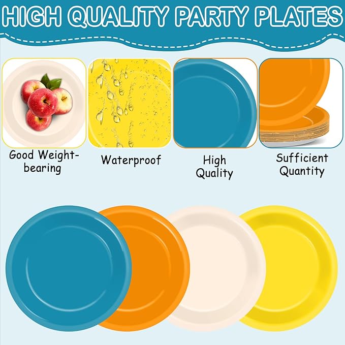 48Pcs Here Comes The Son Party Paper Plates for Retro Blue Orange Mustard Yellow Table Supplies 7" First Trip Around The Sun Boho Disposable Dessert Tableware for Boy Birthday Baby Shower Decorations