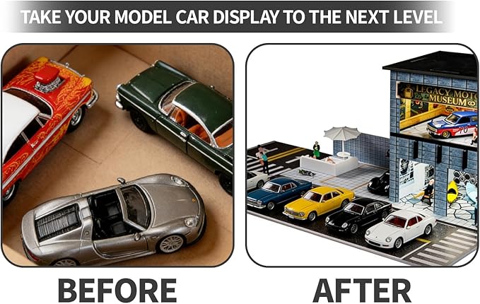1/64 Model Car Display Shop Case for Adults, Premium in-House-Design Scale Diecast Parking Garage for Toy Cars, Toys Car Garage, Scenic Diorama Display Car Park with ith LED Lamps, Gifts for Men