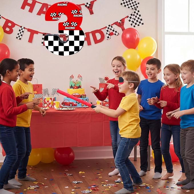Red 3 Race Car Piñata Pull String Cars Piñatas for Birthday Party Decorations Number 2 3 4 5 6 with Blindfold Stick Small Red Black Racing Theme 2nd 3rd 4th 5th 6th Party Supplies