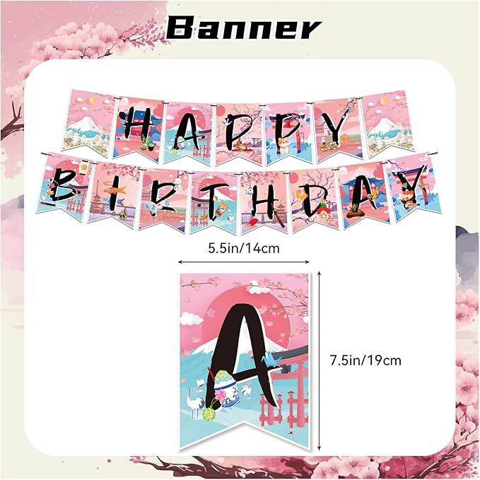 Japanese Party Decorations Japanese Birthday Party Supplies Set, Includes Birthday Banner, Cake Topper, Cupcake Toppers, Latex Balloons