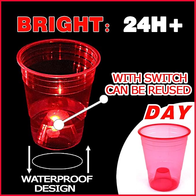 mishunyus Glow in The Dark Red Party Cups 24 Pack (16 oz) - LED Light Up Plastic Cups for Birthday Weddings BBQ Beach Holiday Decorations, Reusable Drinking Cups for Club Events & Nighttime