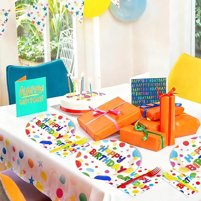100 Pcs Birthday Colorful Dots Plates Napkins Forks, Disposable Happy Birthday Dots Tableware Set Party Supplies