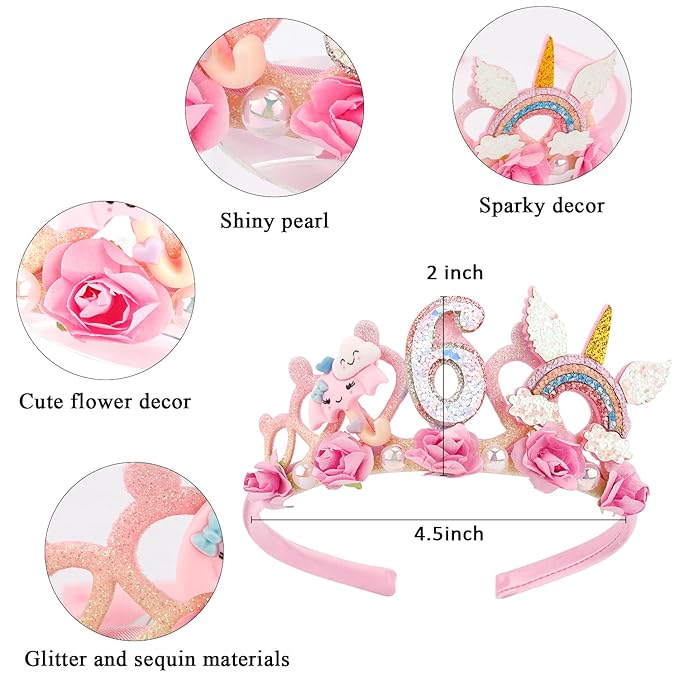 SuPoo 6th Birthday Headband Flower Crown for Girls Princess Tiara Decorations Hair Band Cute 6 Year Old Party Accessory