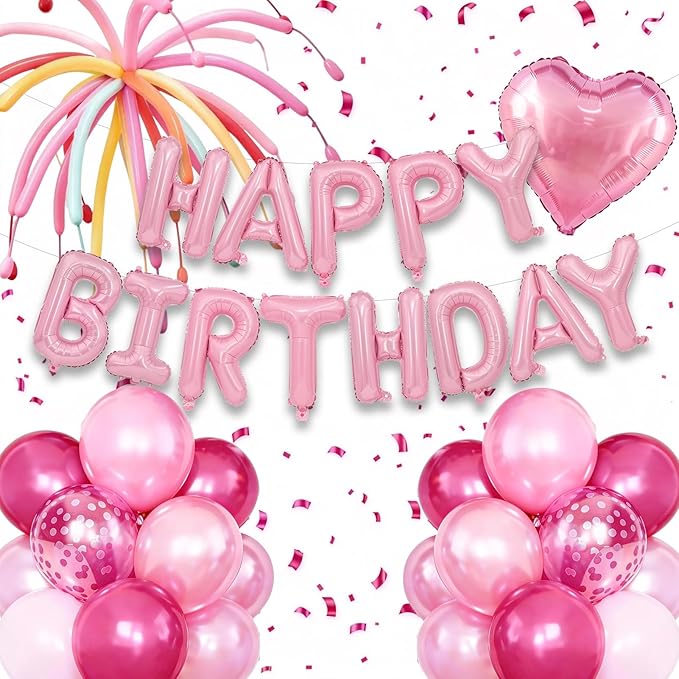 Pink Happy Birthday Banner Balloon Aluminum Foil 16in Letter, 12in Latex Balloons, 11.8in Long Balloons, 16in Love Heart Aluminum Foil Balloon, Men, Women, Party Decoration Supplies (Pink)