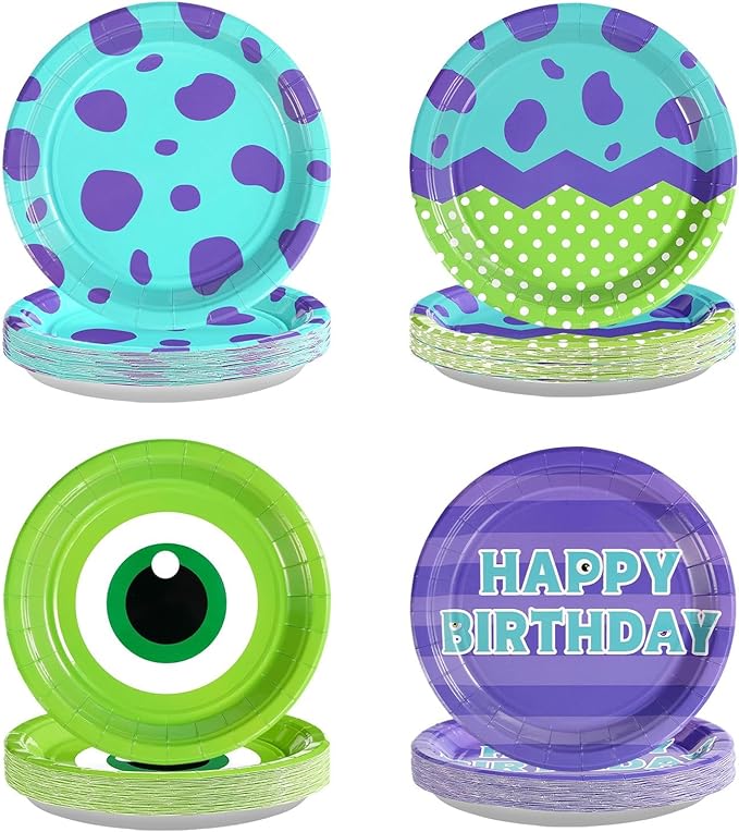 Grencian 60Pcs Monster Birthday Party Paper Plates -Monster Birthday Party Supplies 9" Disposable Green and Purple Cartoon Paper Plates for Monster Theme Par-ty Decorations