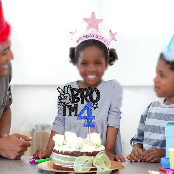 1 PCS Brother I'm 4 Cake Topper Glitter Star Happy 4th Birthday Cake Pick Bro I'm 4 Cake Decoration It's My 4th Birthday Decorations for Boys Cheers to 4 Years Old Birthday Party Supplies Blue