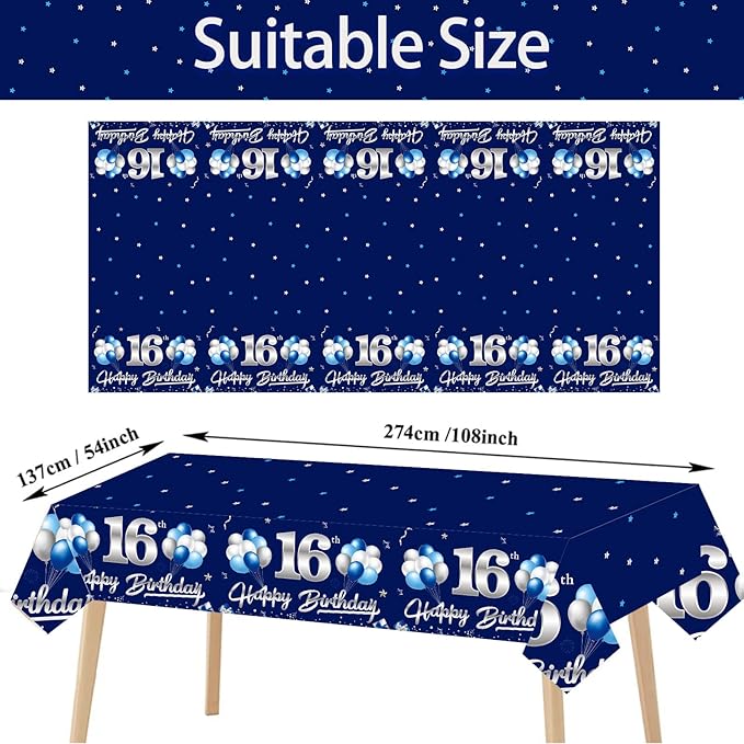 3 Pack Blue Silver 16th Birthday Tablecloth Decoration for Boy, Navy Blue Happy 16 Table Cover Party Supplies, Sixteen Years Old Birthday Disposable Rectangular Table Cloth for Indoor Outdoor