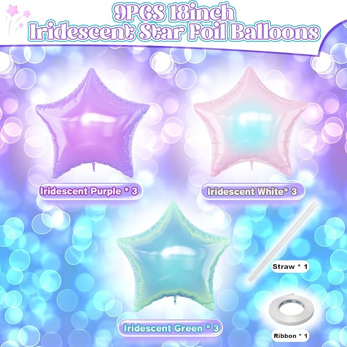 Iridescent Star Balloons, 9Pcs 18Inch Transparent Crystal Star Foil Balloon, Gradient Iridescent Pink Purple Green Pentagram Balloon for Princess Birthday Wedding Easter Party Decoration Mermaid Theme