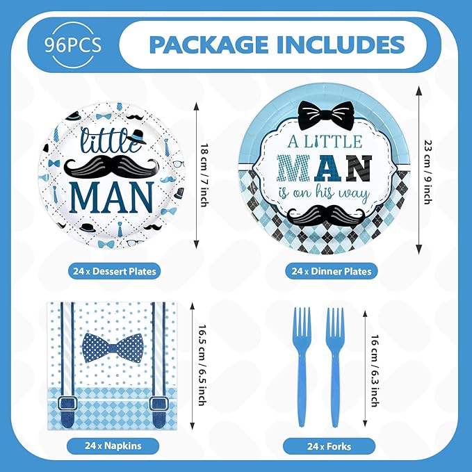 96 Pcs Little Man Baby Shower Decorations A Little Man Is On His Way Paper Plates and Napkins Mustache Bow Tie Hat Tableware Set for Boys Baby Shower Birthday Party Supplies Serves 24