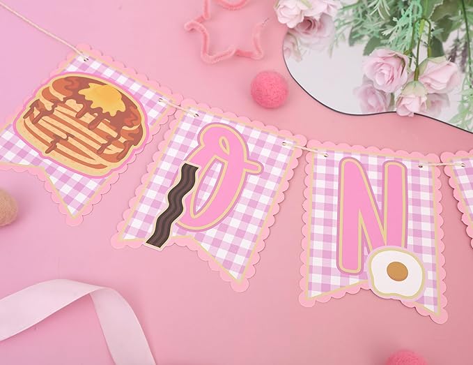 Brunch 1st Birthday HighChair Banner - Breakfast First Birthday Decoration, Pancakes and Pajamas Party Supplies, Breakfast Food Banner, Pancake and Waffle Cake Smash Photo Props (Pink Brunch Banner)