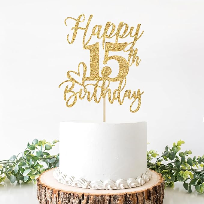 Happy 15th Birthday Cake Topper, 15th Birthday Decorations, Cheers to 15 Years, Hello 15, 15th Happy Birthday Party Decorations Supplies Gold Glitter