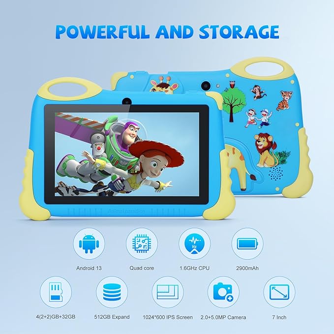 C idea 7 inches Tablet for Kids Age 3-7,Android 13 Kids Tablet, Pre-Installed Learning Educational Apps Todder Tablet, HD IPS Screen for Eye Protection,BT, WiFi, Dual Camera, Gift for Kids (Blue)