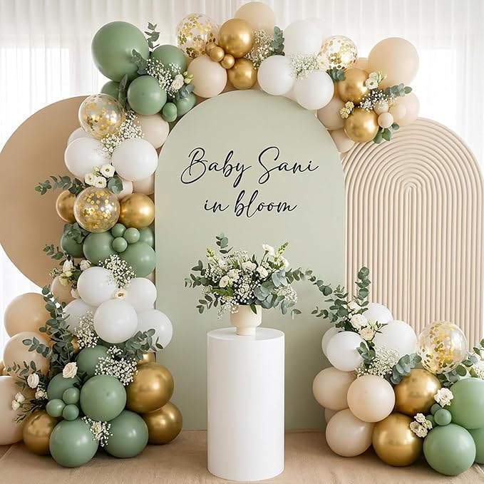 RUBFAC Sage Green White Gold Balloon Garland Arch Kit 129pcs Different Sizes Pack of 18 12 10 5 Inch, Latex Sand White Cream Confetti Gold Balloon Garland Arch Kit for Birthday Engagement Wedding