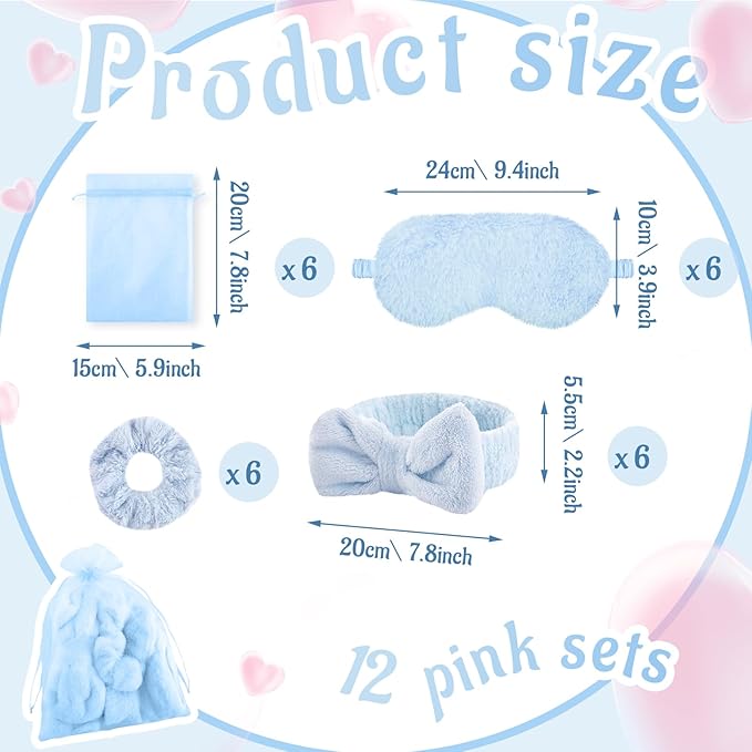 36 Pcs Sleepover Party Supplies for Girl Spa Slumber Birthday Favors Throw Blanket Pillow Eye Mask Headband Scrunchies (Solid Color,Light Blue)