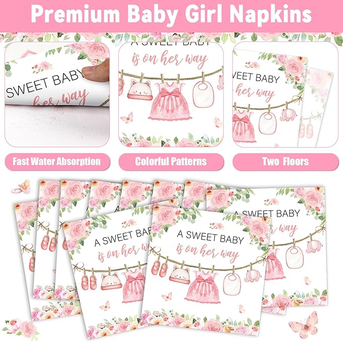 96Pcs Floral Baby Girl Baby Shower Plates and Napkins Decoration Pink Girl Party Tableware Dinnerware Set Rose Gold Paper Plates for Babies Girls Gender Reveal Party Supplies Serves 24 Guests