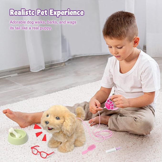 YH YUHUNG 2Pcs Walking and Barking Toy Dog with Remote Control Leash, Golden Retriever Electronic Interactive Toys for Kids - Walks, Barks, Wags Tail, Pretend Dress Up