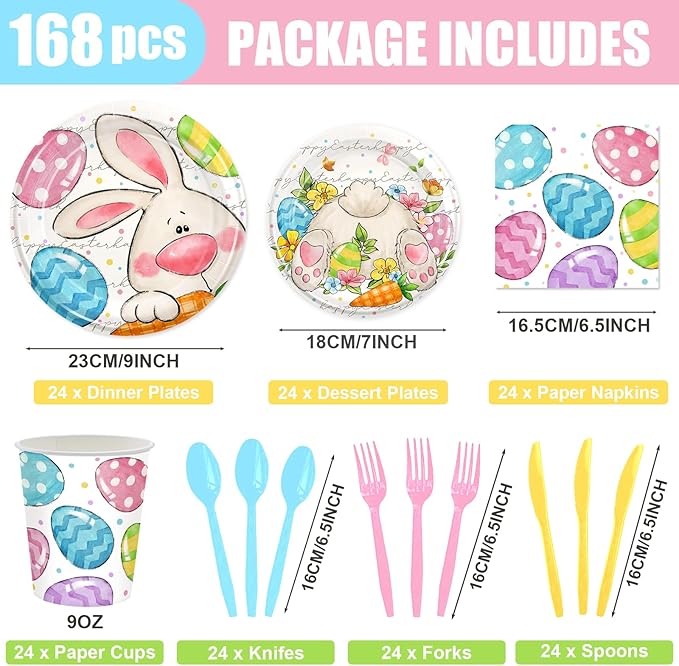 168PCS Easter Party Supplies Easter Egg Party Decorations Cartoon Bunny Paper Plates and Napkins Cups for Spring Themed Easter Birthday Party Serves 24