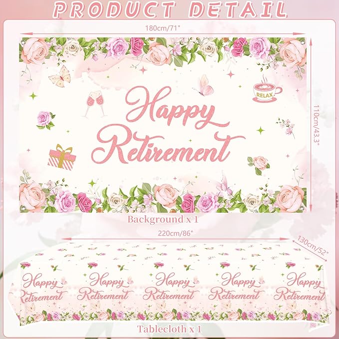 Floral Retirement Party Decorations - Pink Retirement Party Supplies including Backdrop, Plate, Cake Topper, Cup, Napkin, Balloon, Tablecloth - Serves 20