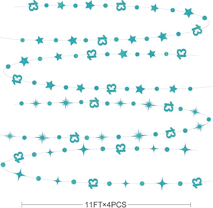 Teal Blue 13th Birthday Decorations Number 13 Circle Dot Star Garland Glitter Streamer Banner Backdrop for Girls Boys Official Teenager Cheers to 13 Years Old Birthday 13th Anniversary Party Supplies