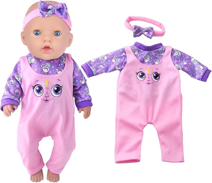 Baby Doll Clothes and Accessories 4 Sets Outfits for 14-18 Inch Dolls, 9 Pcs Dresses for 43cm New Born Baby Dolls Including Doll Dress, Headbands, Top and Pants