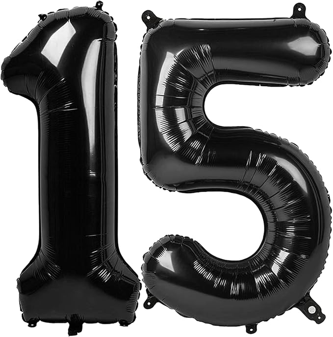 Black Number 15 Balloon 40 inch, 15 Number Balloons, 15th Black Birthday Decorations, 15 Year Old Girls Boys Party Supplies