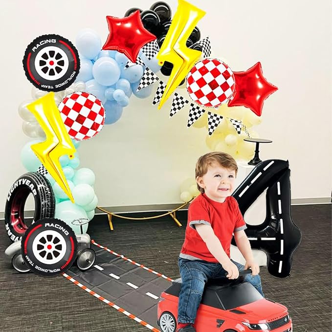 Race Car Birthday Party Decorations Large Lightning Bolt Foil Balloons Race Car Balloons 40 Inch Racetrack Number 4 Balloon for Boys 4th Race Car Birthday Party Decor Supplies