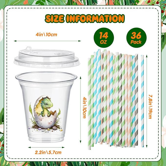 Boao 36 Sets Dinosaur Baby Shower Favors Watercolor Dinosaur Party Cups with Lids and Paper Straws 14 oz Dino Birthday Party Supplies Dino Disposable Clear Plastic Cups Bulk