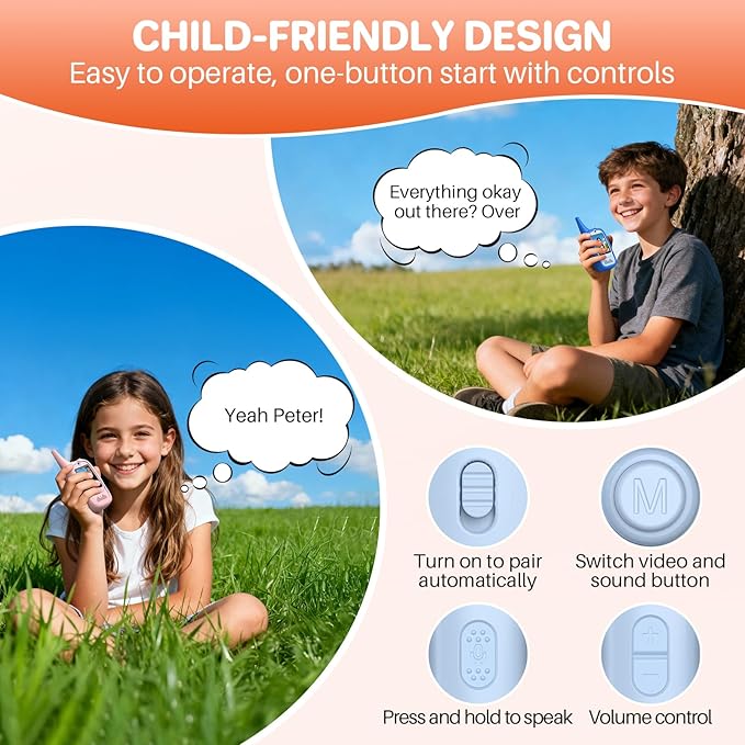 FUNYKICH 2PCS Video Walkie Talkies for Kids with Dinosaur-Themed Protective Case, Rechargeable Handheld Kids Video Intercom, Indoor Outdoor Toys for Games, Camping, Hiking for Boys Girls Ages 3-12