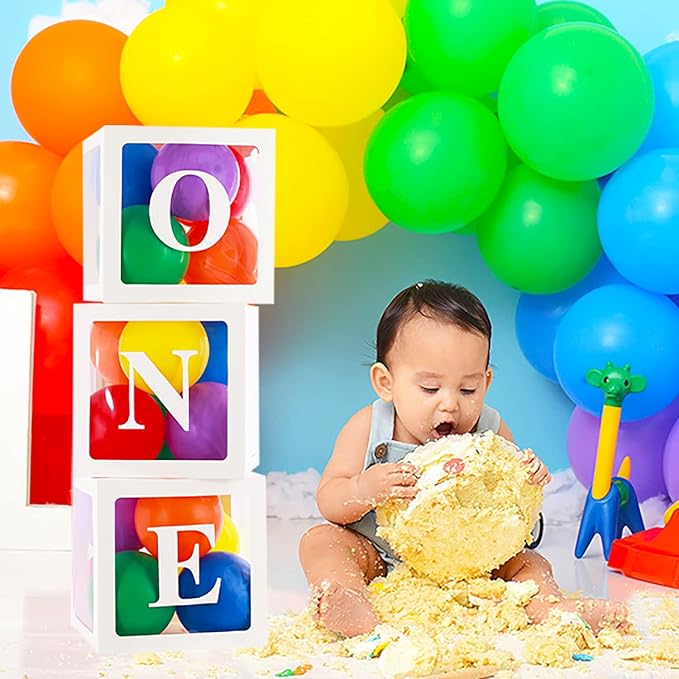 First Birthday Decorations for Boy Girls, ONE Balloon Boxes with Rainbow Balloons, ONE Blocks for Cartoon Watermelon Street Rainbow Theme Baby 1st Birthday Backdrop, Cake Smash Photo Props
