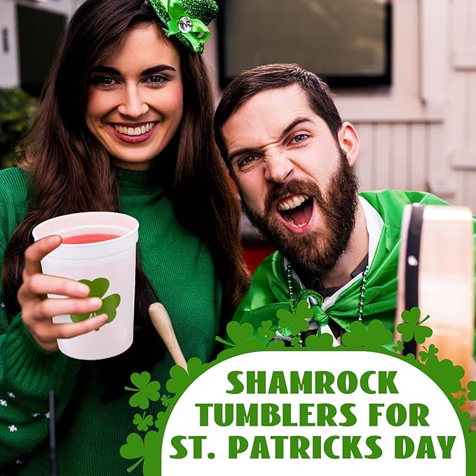 Patelai 32 Pcs St Patricks Day Party Plastic Cups Bulk 16 oz Reusable Lucky Shamrock Cups for St Patricks Day Party Adults Drink Snacks Irish Festival Favors Supplies(White)