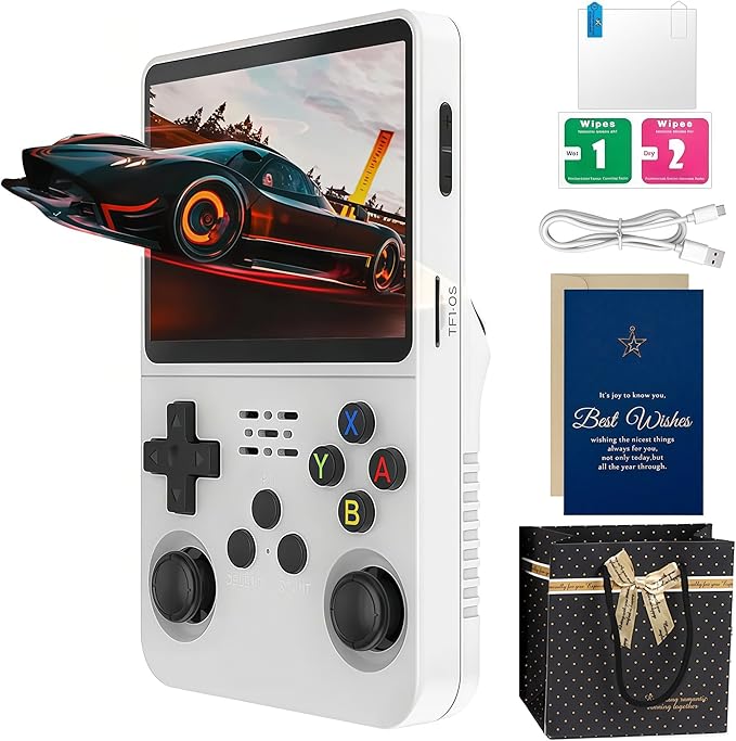 R36s Handheld Game Console Premium Gift Set (with Star Card & Black Gold Bag) 3.5 Inch IPS Retro Gamer with 128GB Storage,21000+ Classic Games Present for Adults (White 128g)
