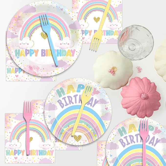 96PCS Boho Pastel Rainbow Party Paper Plates and Napkins for Rainbow Cloud Theme Party Dessert Cake Plates Disposable Decor Girls Happy Birthday Set for Kids Birthday Gatherings Decorations