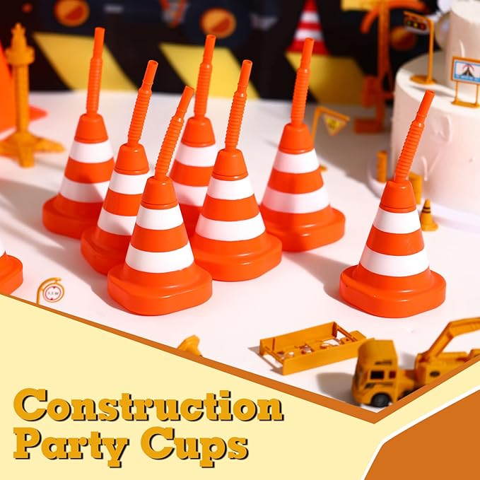 Sawysine 8 Pack Construction Cone Cups with Straws Bulk, Traffic Cones Party Favor 10 oz Plastic Reusable Kids Race Cups Set for Construction Traffic Theme Racing Car Birthday Party Supplies