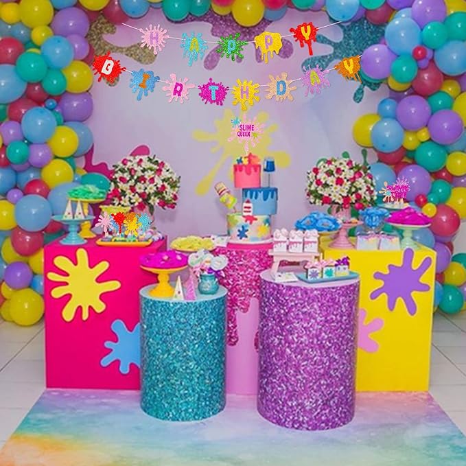 Slime Birthday Party Decorations Kit - Slime Queen Cake Topper Birthday Banner Cupcake Toppers Colorful Balloons for Kids Slime Party Baby Shower Party Supplies