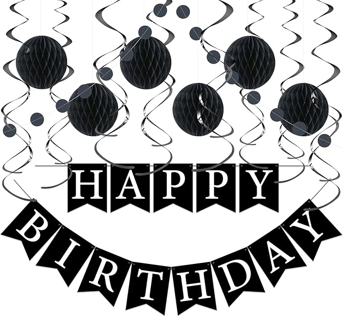 Black Birthday Decorations Kit - 16-Piece Set with Pre-Strung Happy Birthday Banner, Honeycomb Balls, Garland & Swirls | Black Theme Party Supplies for Men Women Girls Kids, Teens Adults