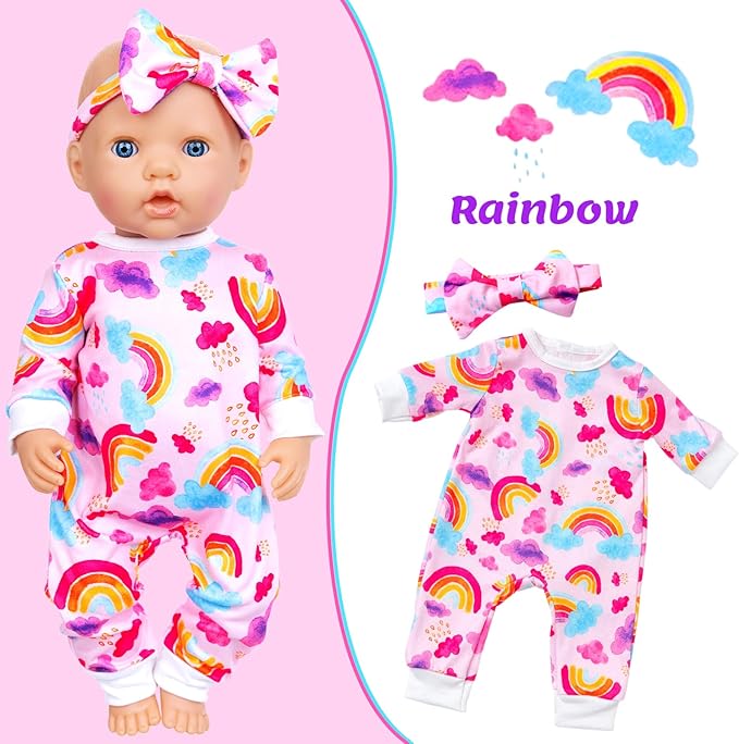 Ecore Fun 5 Sets Baby Doll Outfits & Headbands – 10 pcs for 14"-18" Baby Dolls | Cute Jumpsuit & Hair Accessory Set for Dress-Up Play